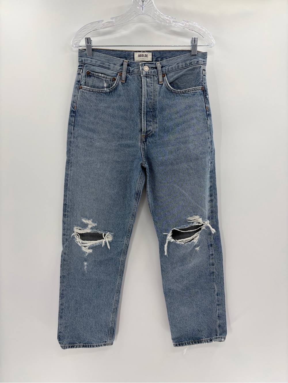 AGOLDE 90's Crop Mid-Rise light blue distress Loose Straight Jean denim size 28